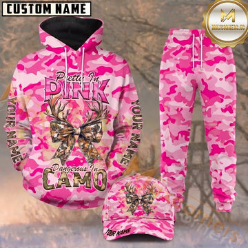 Maxcorners Hunting Pretty In Pink Deer Bow Pink Camo Personalized 3D Combo Hoodie, Sweatpants Set & Cap