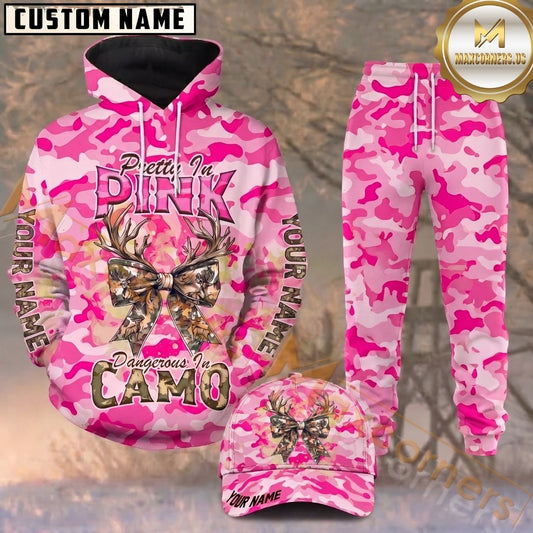 Maxcorners Hunting Pretty In Pink Deer Bow Pink Camo Personalized 3D Combo Hoodie, Sweatpants Set & Cap