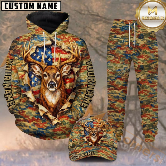 Maxcorners Hunting American Flag Deer Vintage Camo Personalized 3D Combo Hoodie, Sweatpants Set & Cap