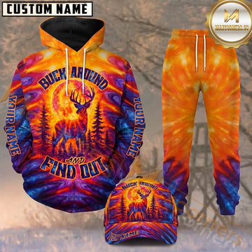 Maxcorners Hunting Buck Around Orange Purple Tie Dye Deer Personalized 3D Combo Hoodie, Sweatpants Set & Cap