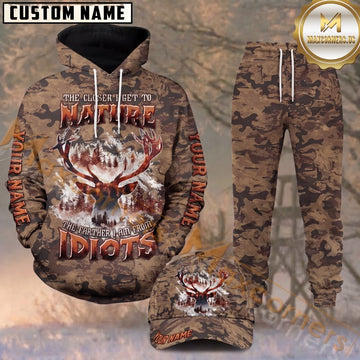 Maxcorners Hunting Nature Deer Brown Woodland Camo Personalized 3D Combo Hoodie, Sweatpants Set & Cap