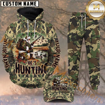 Maxcorners Hunting Christmas Duck Hunter Green Camo Personalized 3D Combo Hoodie, Sweatpants Set & Cap