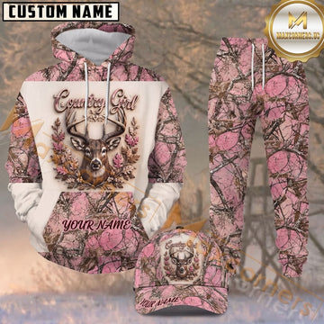 Maxcorners Hunting Country Girl Deer Floral Pink Forest Camo Pattern Personalized 3D Combo Hoodie, Sweatpants Set & Cap