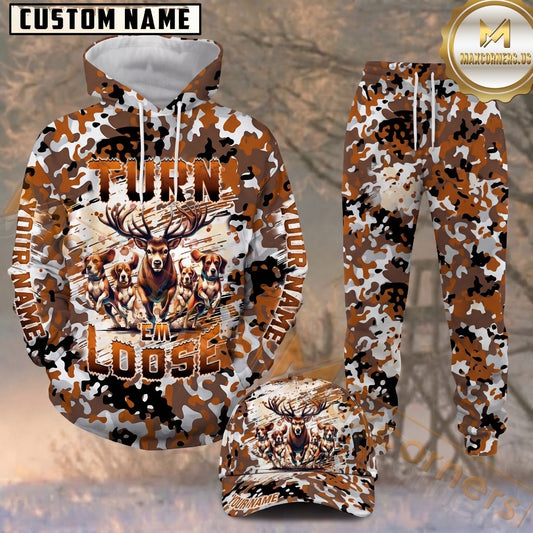 Maxcorners Hunting Deer & Hounds Brown Orange Camo Pattern Personalized 3D Combo Hoodie, Sweatpants Set & Cap
