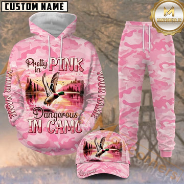 Maxcorners Hunting Pretty in Pink Duck Hunter Light Pink Camo Pattern Personalized 3D Combo Hoodie, Sweatpants Set & Cap