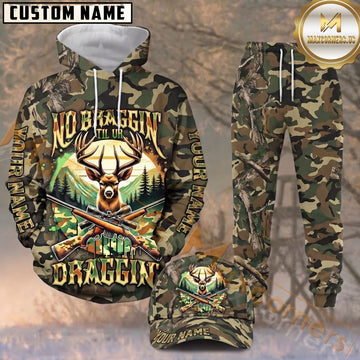 Maxcorners Hunting No Braggin Deer Hunter Green Woodland Camo Pattern Personalized 3D Combo Hoodie, Sweatpants Set & Cap