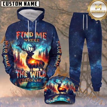 Maxcorners Hunting Wild Deer Sunset Navy Blue Galaxy Pattern Personalized 3D Combo Hoodie, Sweatpants Set & Cap