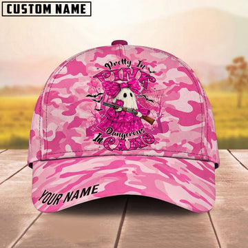 Maxcorners Ghost Girl With Shotgun Spooky Pretty In Pink Camo Personalized Name Unisex 3D Cap
