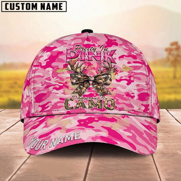 Maxcorners Deer Antlers Ribbon Bow Pretty In Pink Camo Dangerous In Camo Personalized Name Unisex 3D Cap