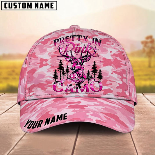 Maxcorners Deer Head Pine Trees Pretty In Pink Camo Dangerous In Camo Personalized Name Unisex 3D Cap