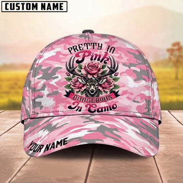 Maxcorners Deer Antlers Rose Flowers Pretty In Pink Camo Dangerous In Camo Personalized Name Unisex 3D Cap