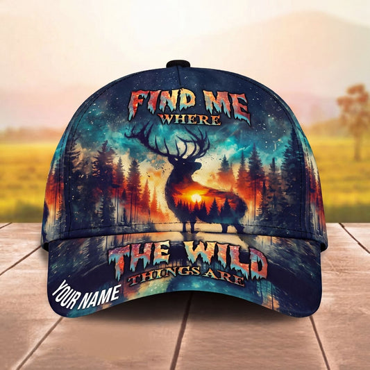 Maxcorners Find Me Where The Wild Things Are Deer Forest Sunset Personalized Name Unisex 3D Cap