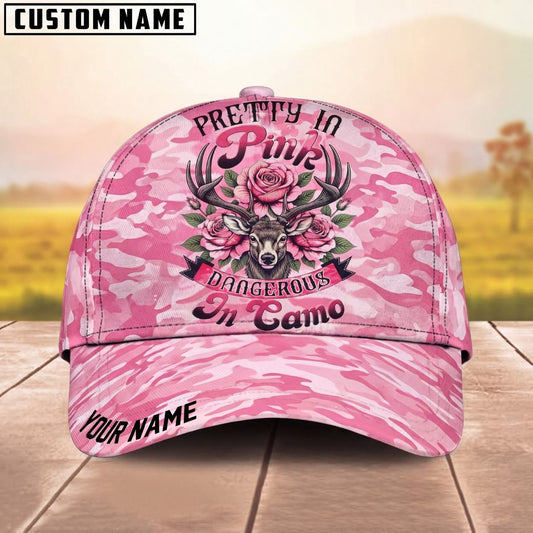 Maxcorners Deer Antlers Rose Flowers Pink Camo Dangerous In Camo Personalized Name Unisex 3D Cap