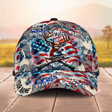 Maxcorners Buck Around And Find Out Deer Hunter American Flag Personalized Name Unisex 3D Cap