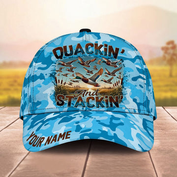 Maxcorners Quackin And Stackin Flying Ducks Blue Camo Personalized Name Unisex 3D Cap