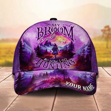 Maxcorners My Broom Broke Halloween Witch Hunting Purple Sunset Personalized Name Unisex 3D Cap