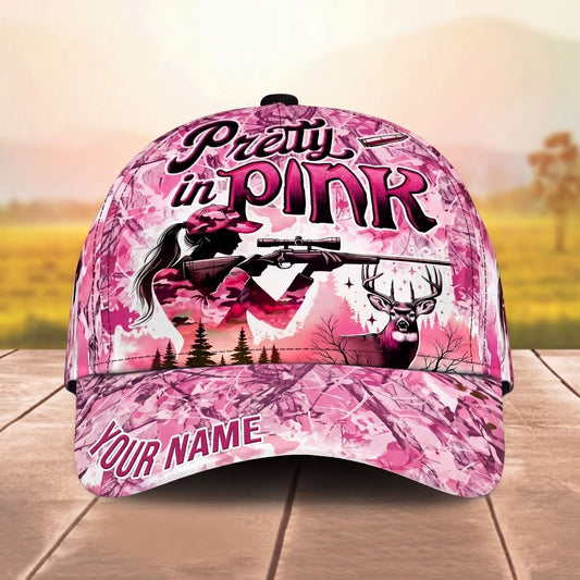 Maxcorners Huntress Sniper Rifle Deer Pretty In Pink Camo Personalized Name Unisex 3D Cap