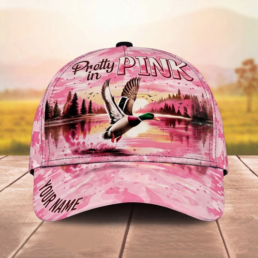 Maxcorners Flying Mallard Duck Lake Sunrise Pretty In Pink Camo Personalized Name Unisex 3D Cap
