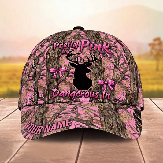 Maxcorners Deer Silhouette Pink Tree Camo Ribbons Dangerous In Camo Personalized Name Unisex 3D Cap