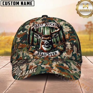 Maxcorners Best Buckin Dad Ever Whitetail Deer Forest Camo Personalized Name Unisex 3D Cap