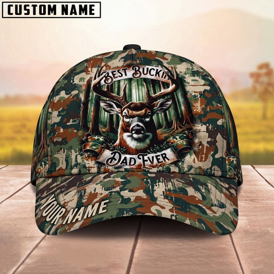 Maxcorners Best Buckin Dad Ever Whitetail Deer Forest Camo Personalized Name Unisex 3D Cap