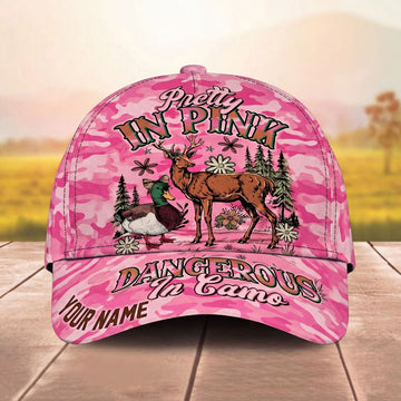 Maxcorners Whitetail Deer Mallard Duck Forest Pretty In Pink Camo Personalized Name Unisex 3D Cap
