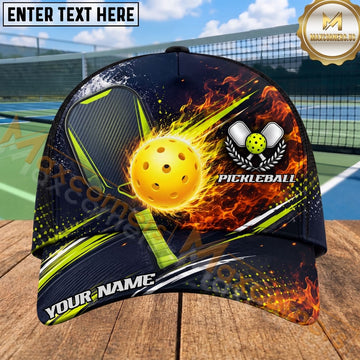 Maxcorners Pickleball Cap Flaming Ball Paddle Navy Sport Design Personalized Name 3D Cap