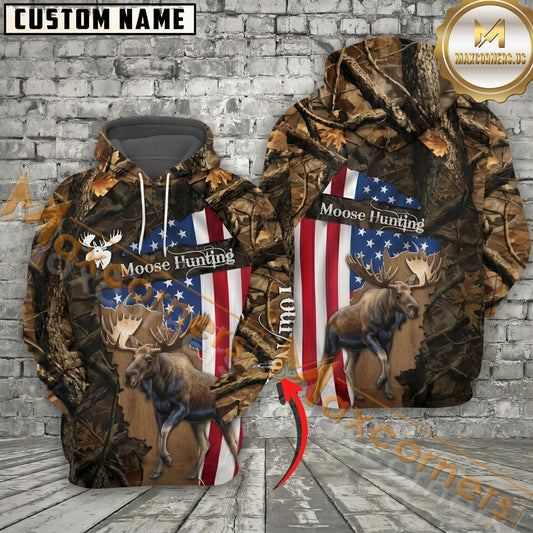 Maxcorners Hunting Hoodie American Flag Woodland Camo Design Personalized Name Unisex 3D Hoodie