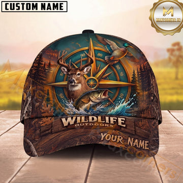Maxcorners Wildlife Outdoors Hunting Fishing Compass Forest Design Multi Options Personalized Name 3D Cap