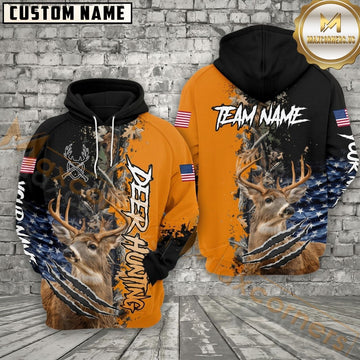 Maxcorners Hunting American Flag Woodland Camo Outdoor Design Personalized Name Unisex 3D Hoodie