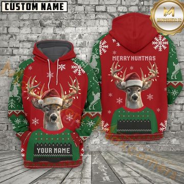 Maxcorners Hunting Christmas Hoodie Reindeer Santa Ugly Sweater Pattern Design Personalized Name Unisex 3D Hoodie