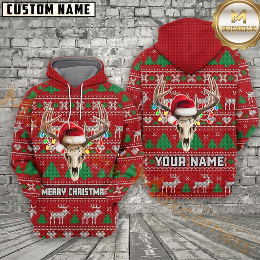 Maxcorners Christmas Hunting Hoodie Antler Skull Lights Red Green Knit Design Personalized Name Unisex 3D Hoodie