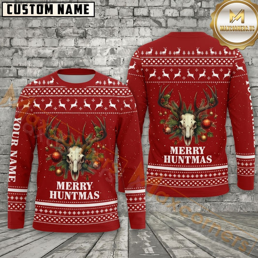 Maxcorners Christmas Hunting Hoodie Merry Huntmas Antler Buck Sweater Pattern Design Personalized Name Unisex 3D Hoodie