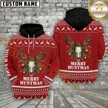 Maxcorners Christmas Hunting Hoodie Merry Huntmas Antler Buck Sweater Pattern Design Personalized Name Unisex 3D Hoodie