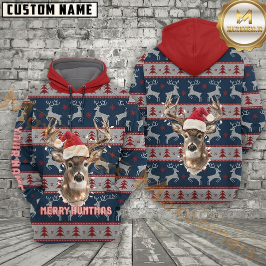 Maxcorners Hunting Christmas Hoodie Santa Hat Whitetail Holiday Sweater Design Personalized Name Unisex 3D Hoodie
