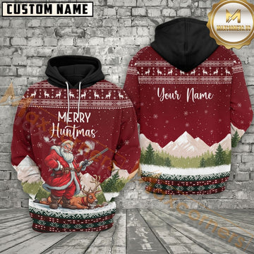 Maxcorners Christmas Hunting Hoodie Merry Huntmas Santa Hunter Red Snowflake Design Personalized Name Unisex 3D Hoodie
