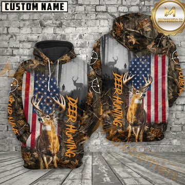 Maxcorners Hunting Hoodie Wildlife Forest Camo American Flag Design Personalized Name Unisex 3D Hoodie