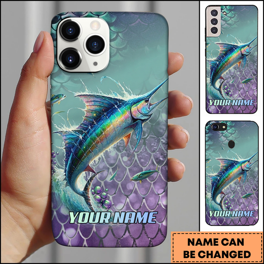 Maxcorners Fishing Iridescent Ocean Artwork Multicolor Options Personalized Name Phone Case (12 Fish Species)