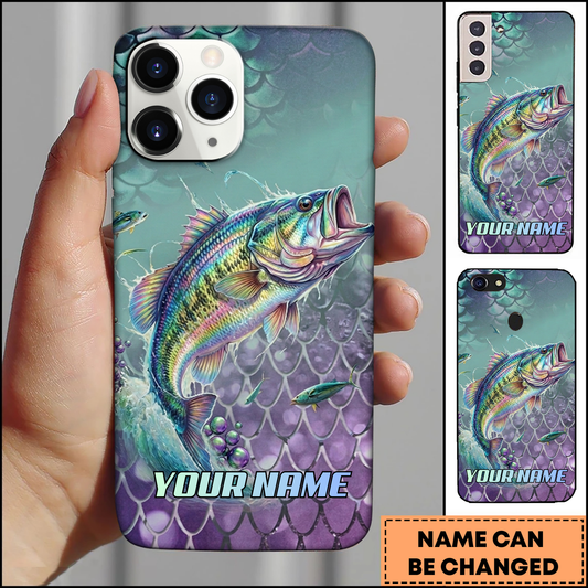 Maxcorners Fishing Iridescent Ocean Artwork Multicolor Options Personalized Name Phone Case (12 Fish Species)