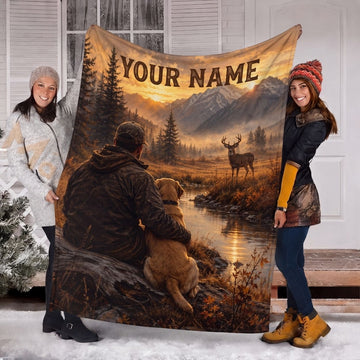 Maxcorners Hunter And Dog Whitetail Deer Mountain Lake Sunset Landscape Personalized Name 3D Blanket