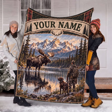 Maxcorners Moose Hunting Hunter And Dog Snowy Mountain Lake Wilderness Quilt Personalized Name 3D Blanket