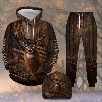 Maxcorners Whitetail Deer Hunting American Flag Camo Oak Forest Personalized Name 3D Shirt