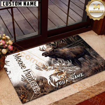 Maxcorners Moose Hunting Bull Moose Tribal Hunter Rustic Wildlife Personalized Name Unisex 3D Doormat