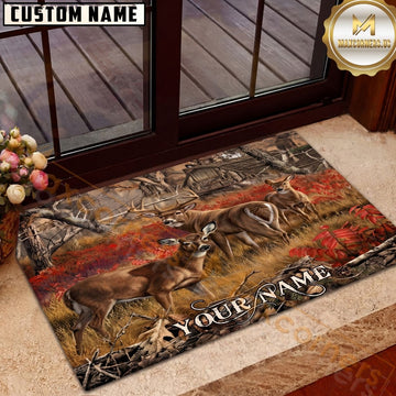 Maxcorners Deer Hunting Whitetail Deer Family Autumn Forest Cabin Personalized Name Unisex 3D Doormat