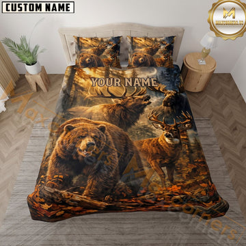 Maxcorners Wildlife Forest Animals Grizzly Bear Elk Deer Autumn Sunset Personalized Name 3D Bedding Set
