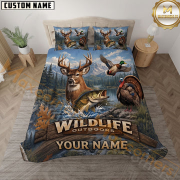 Maxcorners Wildlife Outdoors Mountain Lake Deer Bass Duck Turkey Personalized Name 3D Bedding Set