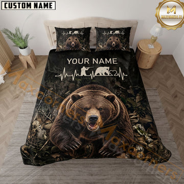 Maxcorners Grizzly Bear Hunter Heartbeat Camouflage Leaves Texture Personalized Name 3D Bedding Set