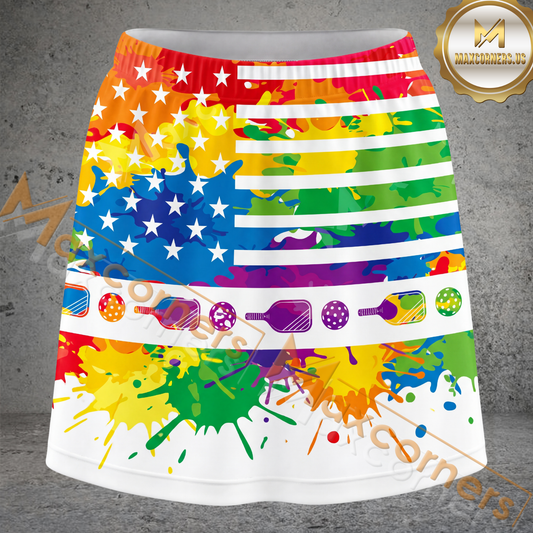 Maxcorners Pickleball Patriotic Paint Splash Multicolor Options Personalized 3D Skort