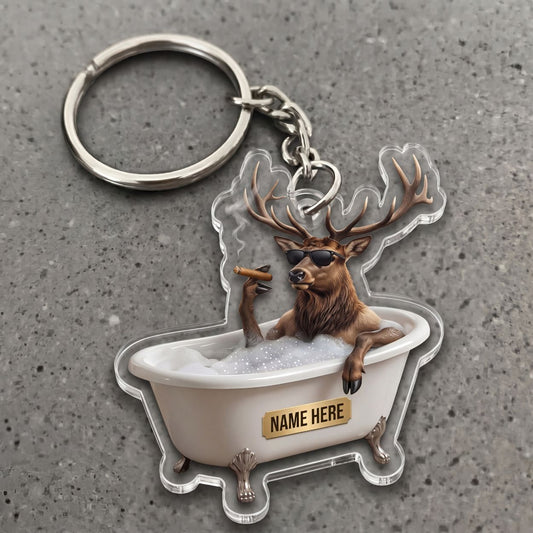 Maxcorners Elk Stag In Bathtub Sunglasses Smoking Cigar Custom Name Gift 2D Flat Arcrylic Ornament, Keychain