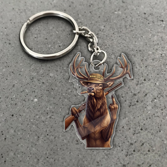 Maxcorners Elk Hunter Middle Finger Smoking Cigar Shotgun Custom Name Gift 2D Flat Arcrylic Ornament, Keychain
